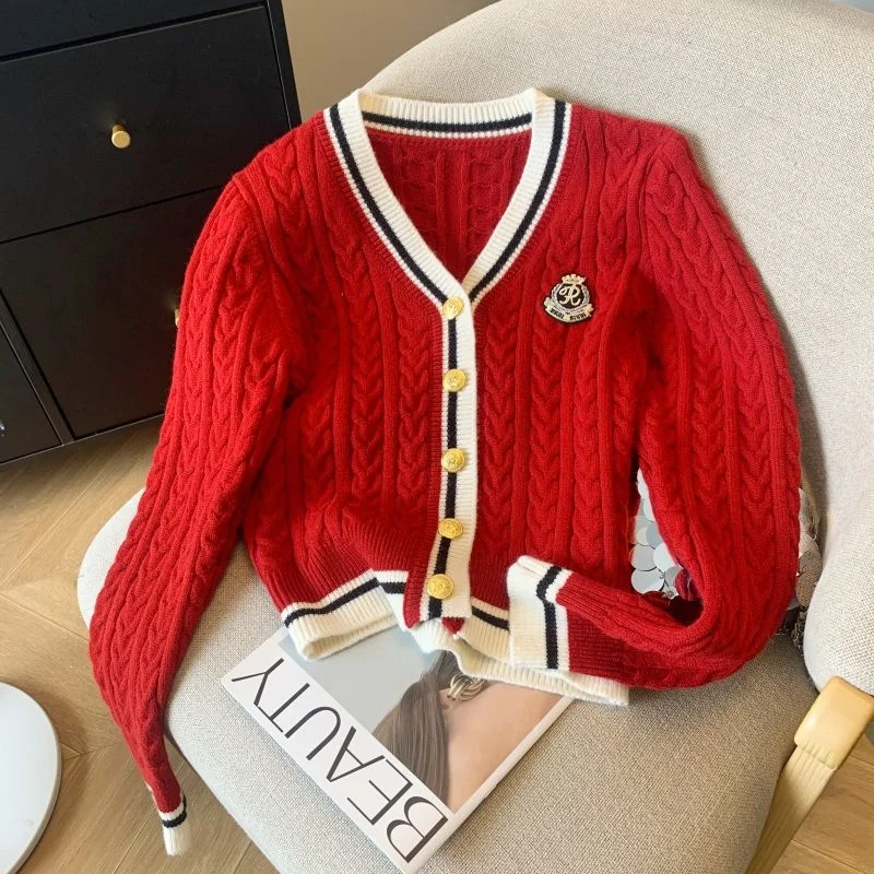 

Outerwears Cardigan Fashion College Style V-neck Sweater Cardigan Women's Spring and Autumn Soft Waxy Short Twist Knit Coat