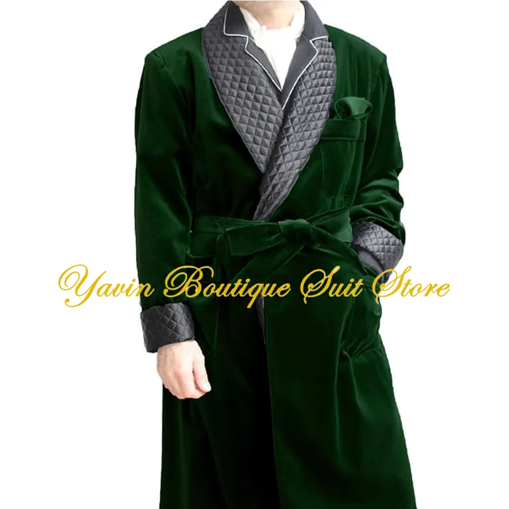 Men's Long Velvet Smoking Jacket with Belt Shawl Lapel Smoking Robe Quilted Dressing Gown