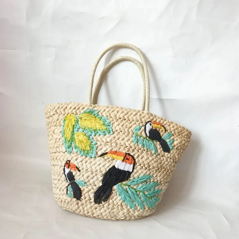 Coconut Tree and Bird Embroidery Bag, Handwoven Tote Bag, Holiday Beach Bag Hand Bags for Women