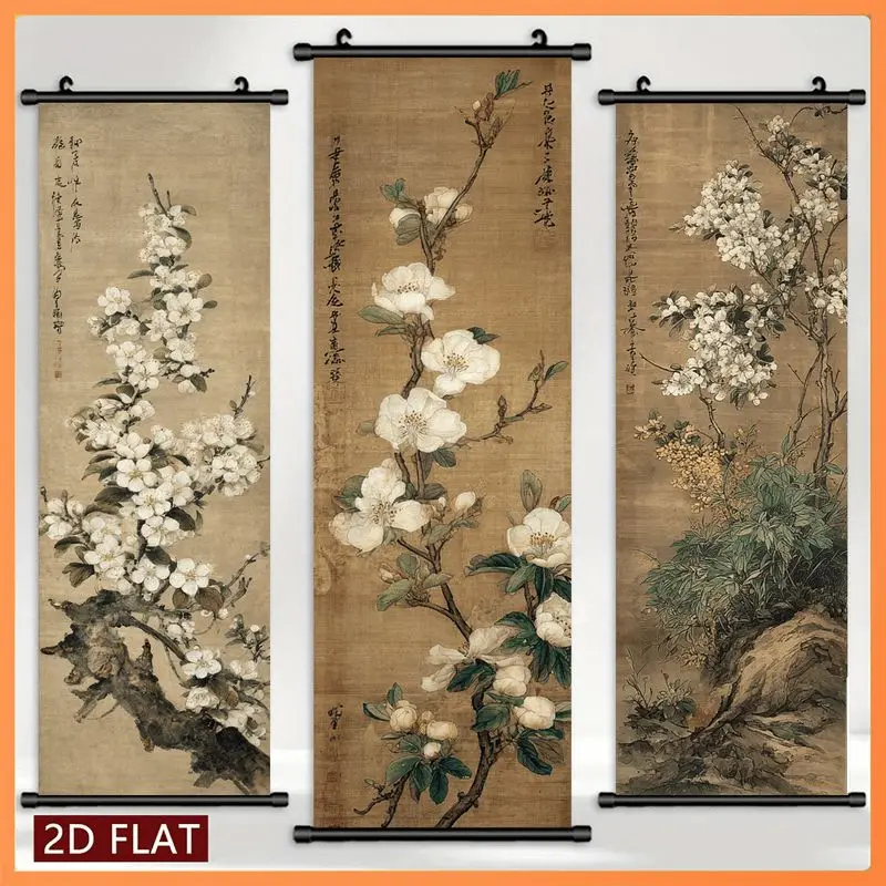 VIKAMA Antique White Plum Blossom Wall Tapestry Calligraphy Chinese Gongbi Scroll Art Home Decor Artistic Gift Soft Durable Cozy