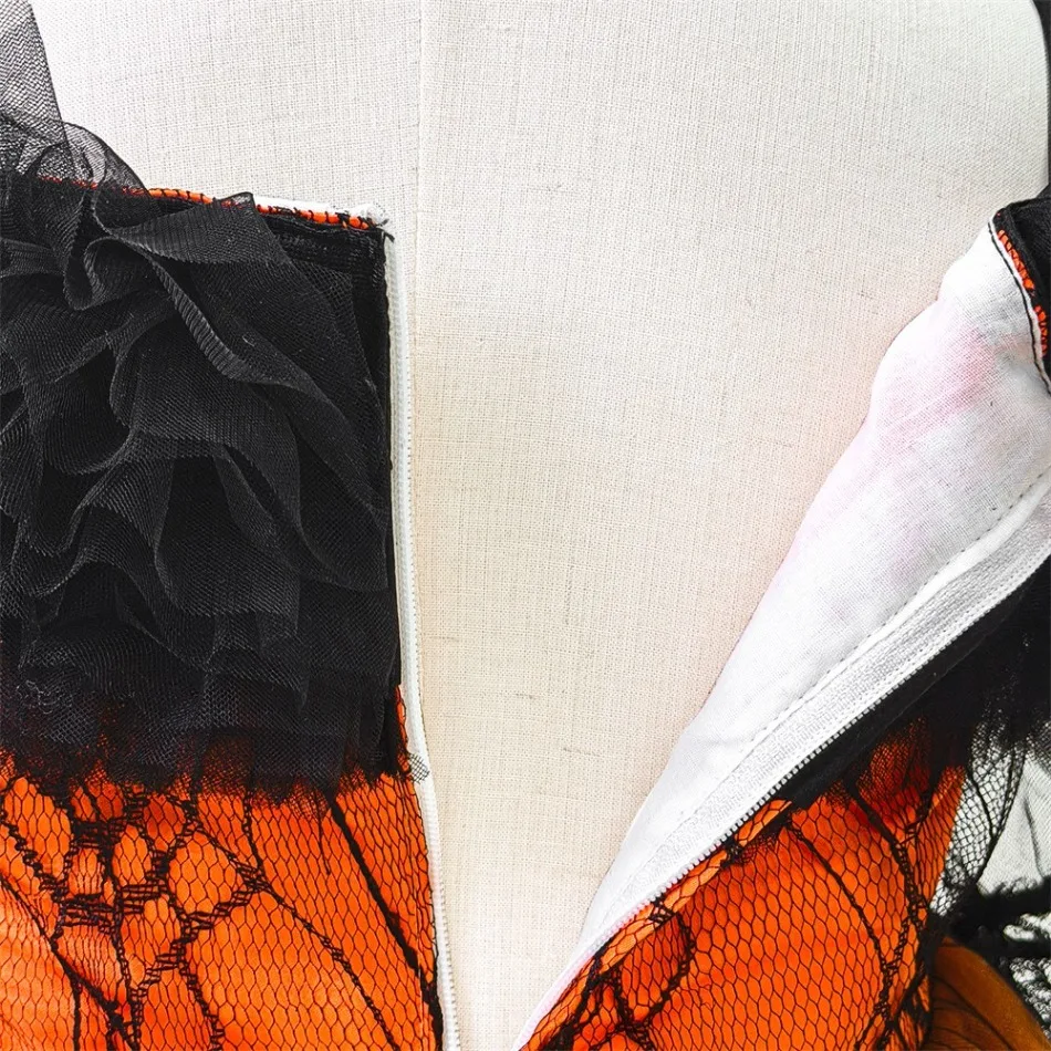 Mädchen Halloween Off-Shoulder Feder-Spitzenkleid Kinder Spinnennetz Tüll Tutu Kleid Schwarz Orange Cosplay Party Kostüm ASQ03 – Detail 12