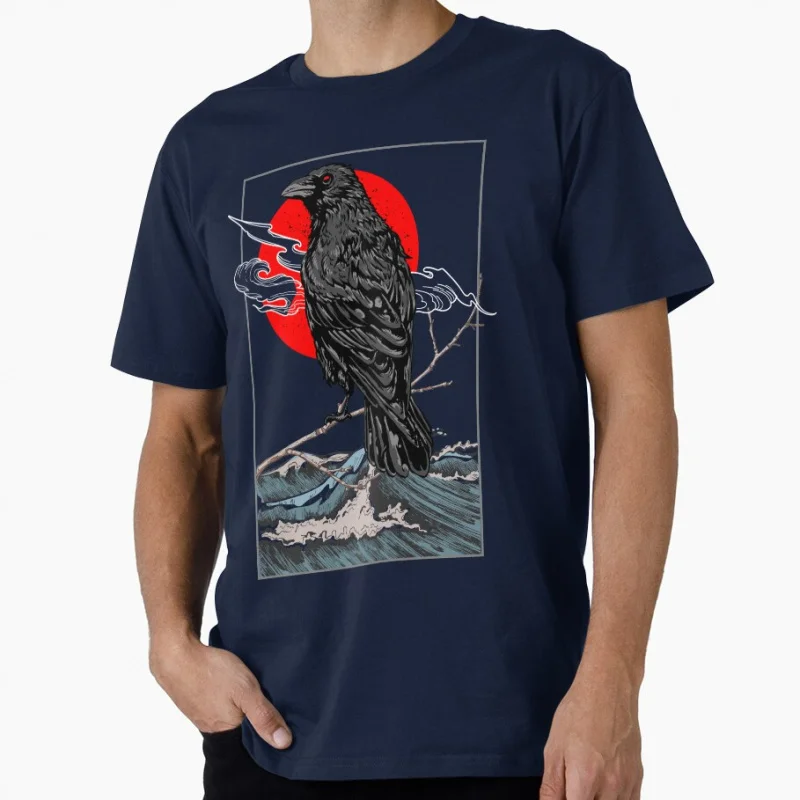 Vintage Retro Style Tee Red Moon Raven Graphic Black Crow japanese Wave Viking Gift t shirt for man All size tops S-6XL