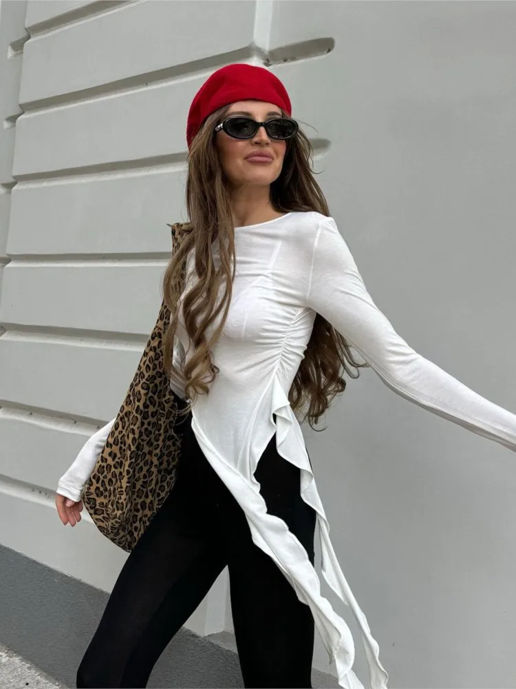 

2025 Spring New Solid Color Knitted Top Fashionable Round Neck Long Sleeve Irregular Ruffle Design Slim Fit T-shirt Y2K Hot Girl