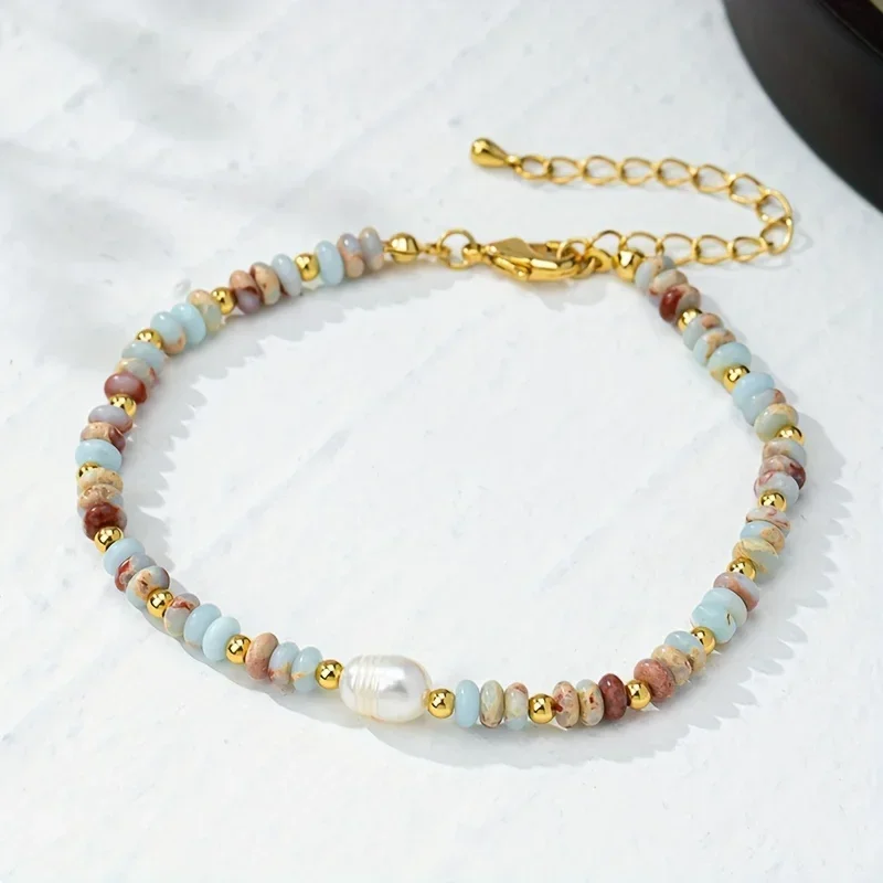 

YWYC 6-7mm Baroque Freshwater Pearl Bracelet for Women Bohemian Style Multicolor Natural Stone 20+5cm Adjustable Bracelets