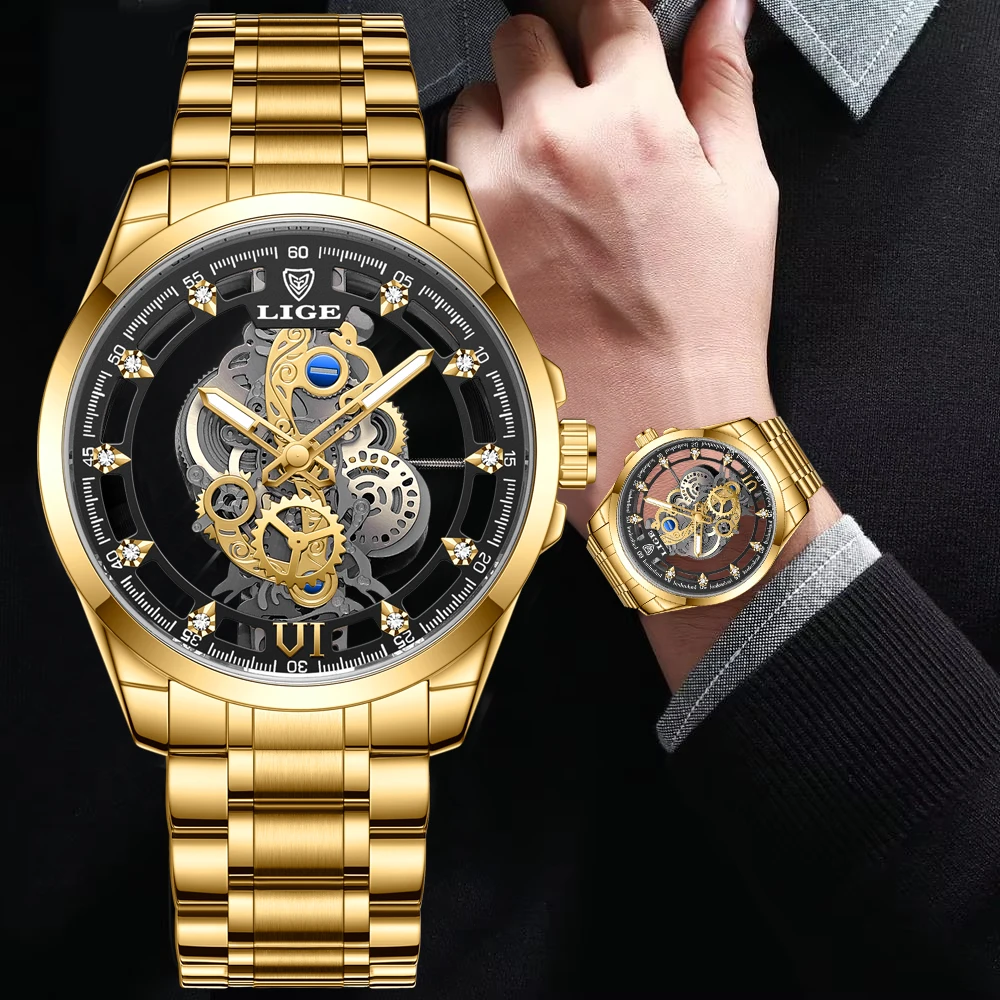 

LIGE Новые мужские часы Скелет Кварцевые наручные часы Золотой Скелет Ретро Мужские часы Лучший бренд Роскошные часы Мужские часы Reloj Hombre