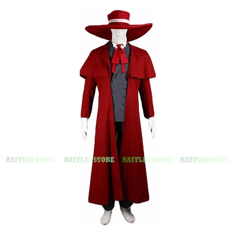 อะนิเมะการ์ตูน Hellsing Alucard คอสเพลย์เครื่องแต่งกายสีแดง Trench Alucard Van คอสเพลย์แวมไพร์หมวกเครื่องแต่งกายฮาโลวีน Carnival ผู้ชายชุด