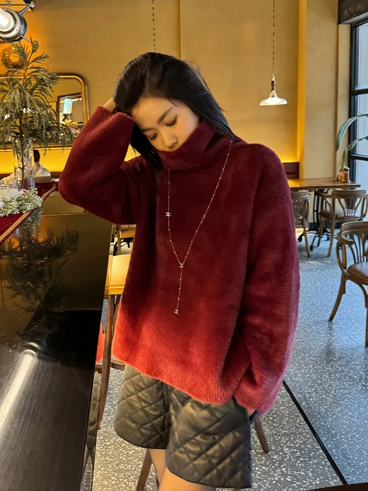 

Soft Faux Fur Sweater Women's Winter High Collar Long Sve Loose Fit Comfortable Luxury Lazy Sle Camere Knitwear