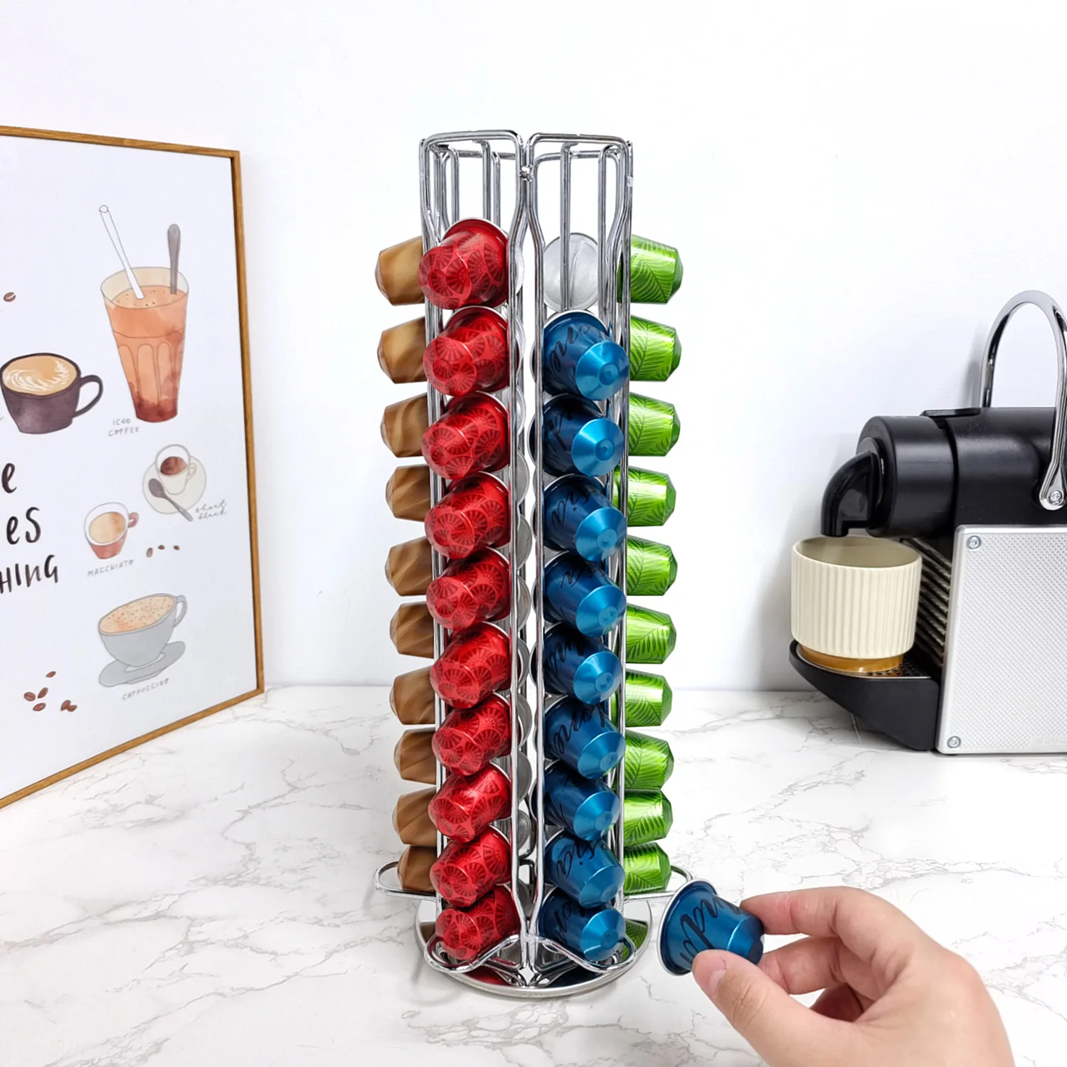 

60 Pcs Nespresso Capsules Holder Rotating Rack Coffee Capsule Stand Coffee Pod Stainless Metal Storage Shelve Organization