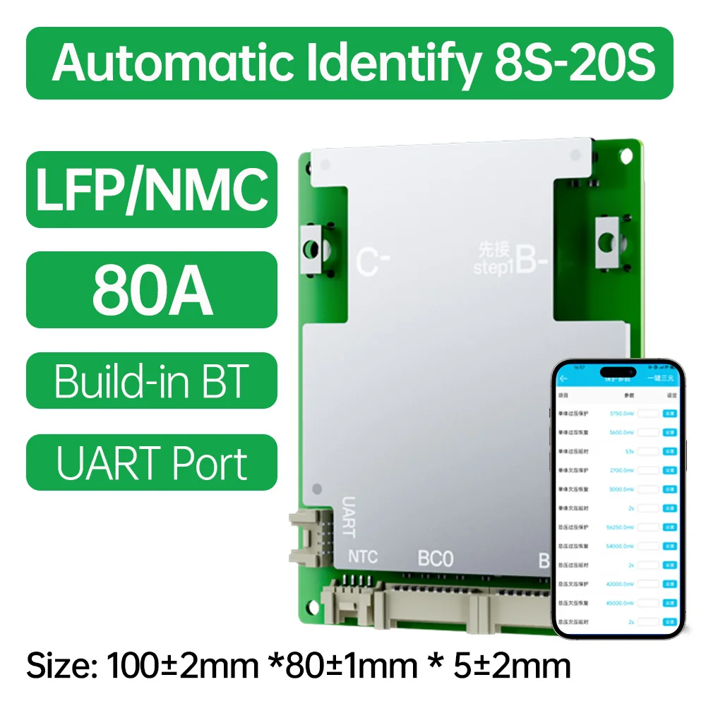 Jiabaida 40A 50A 60A 80A Elektrisches Dreirad Smart BMS 8S 9S 24V 10S 11S 12S 13S 14S 36V 15S 16S 48V 20S 60V LiFePO4 Li-Ion BMS