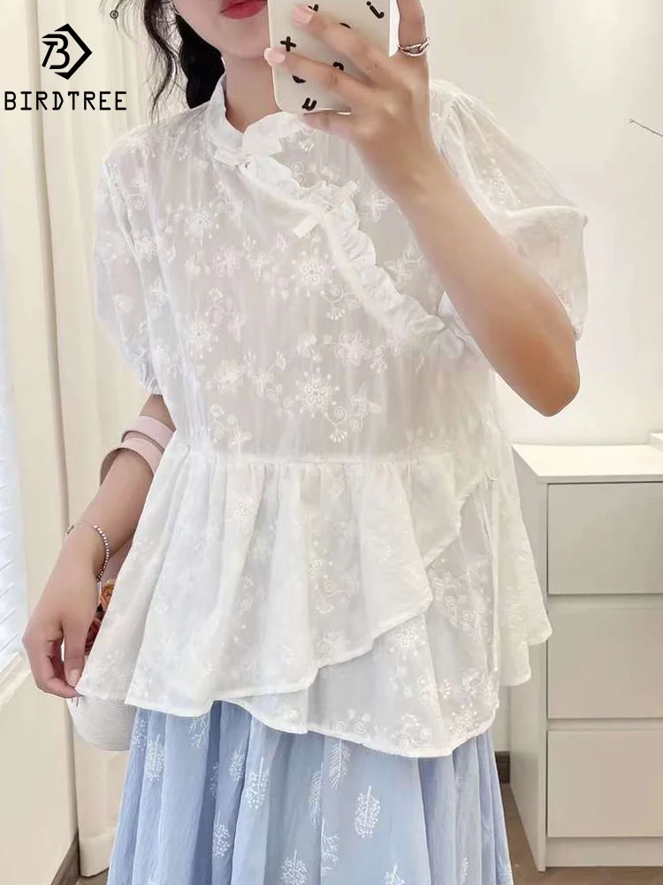 

New Spring Cotton Loose Shirt Women Stand Collar Short Sleeve Embroidery Top Girl Fashion Retro Blouses 2024 Summer T44989QM