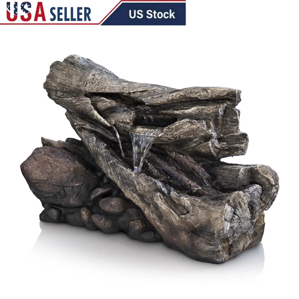 Outdoor 2-Tier Water Fountain with LED Lights Rustic Tree Trunk Design Cascading Waterfall Durable Weather-Resistant Fountain