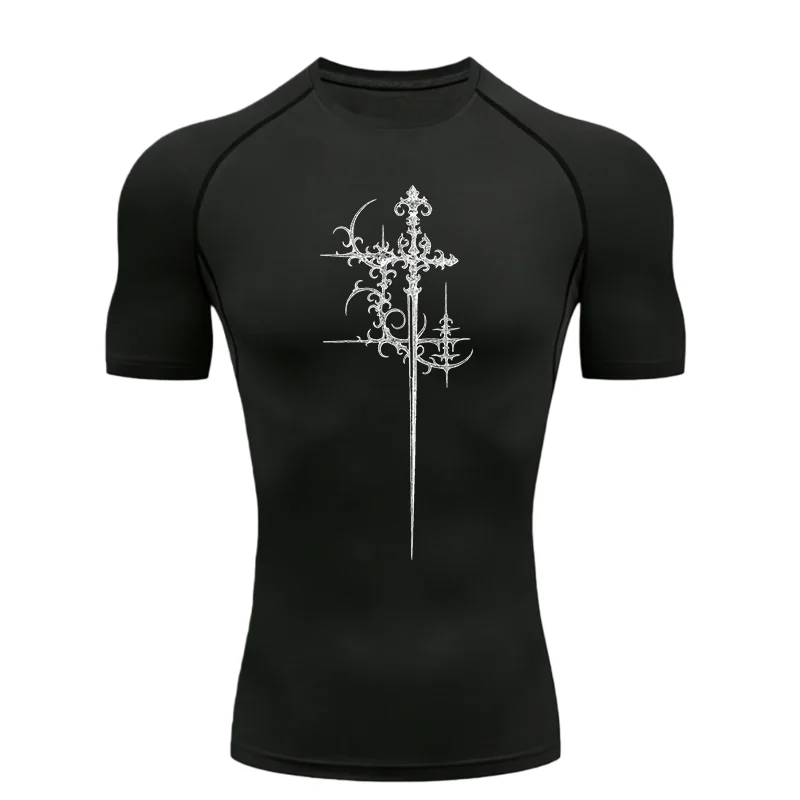 Men's Sports T-shirt for Fitness 2026 Men's Sports T-shirt Training Fitness Compression Cross Pattern Men's MMA T-shirt