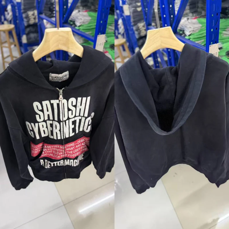 2026 New SATOSHI NAKAMOTO Hip Hop Zip Up Hoodie Vintage Washed Distressed Text Print Loose Jacket