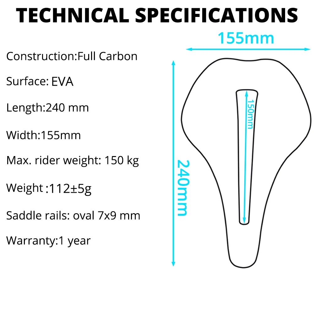 RACE Ultraleichter 240x155mm Fahrradsattel aus EVA, 112g, Vollcarbon-Hohlgehäuse MTB/Rennrad-Sattel, 7x9 Carbon-Schienen – Detail 4