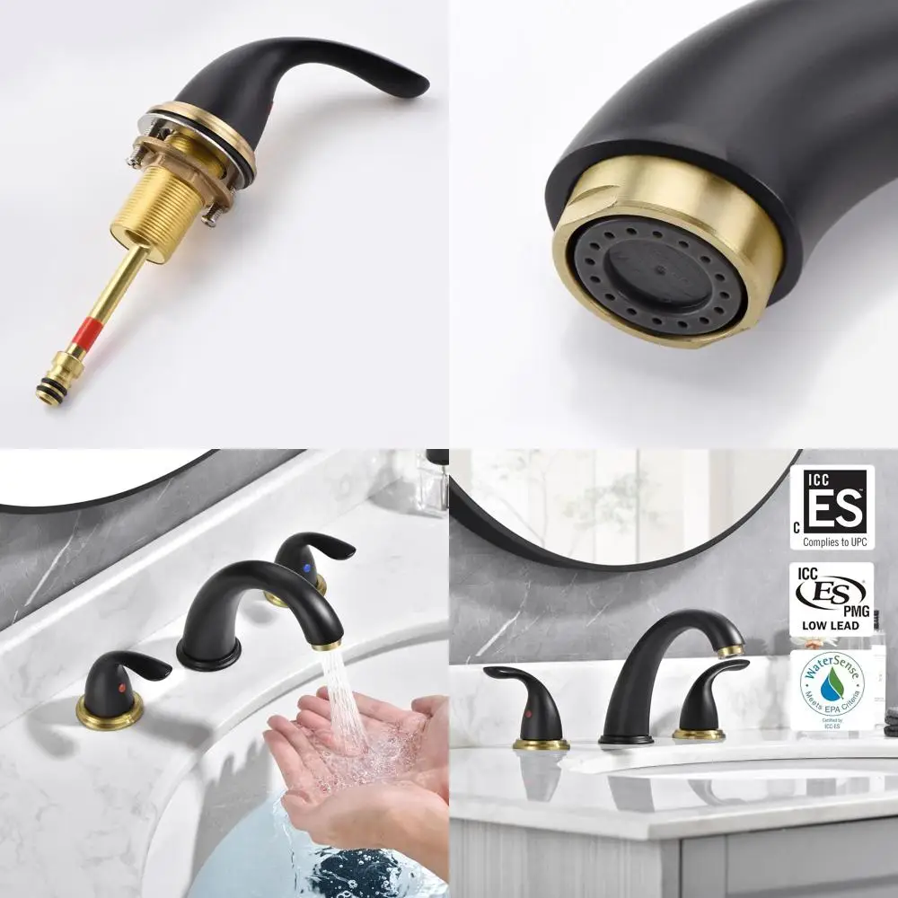 

Широко распространенный смеситель для туалетного столика из нержавеющей стали с 3 отверстиями в черно-золотой отделке