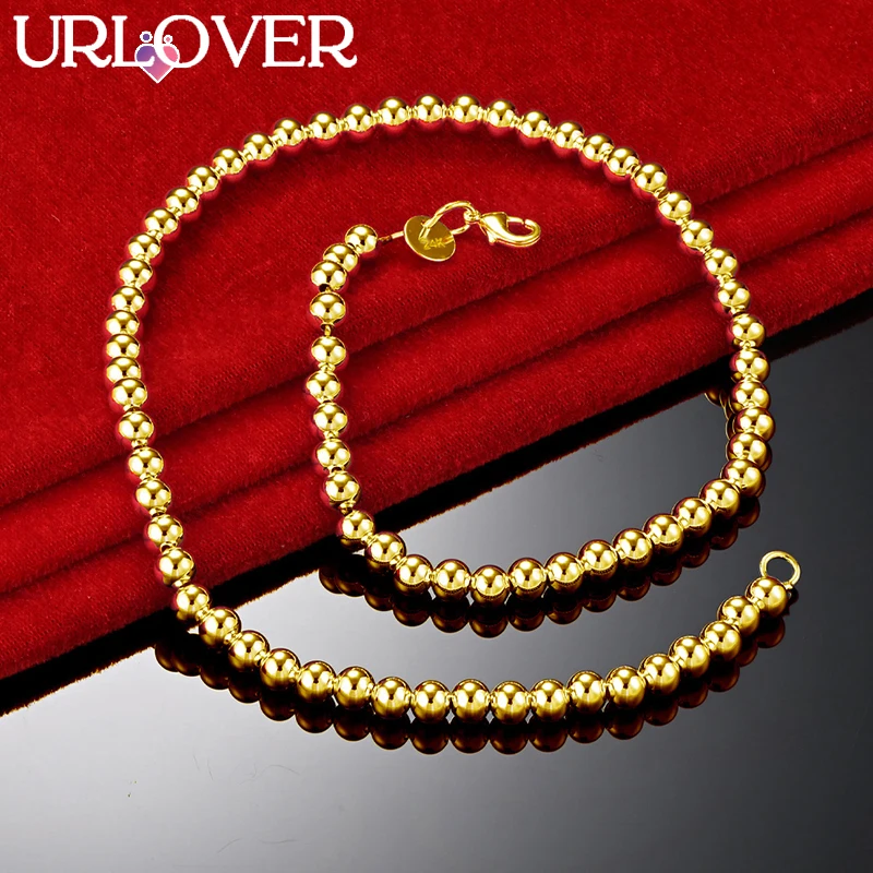 URLOVER 18K Gold Necklace For Woman 6mm Smooth Beads Chain Necklaces Lady Party Wedding Engagement Birthday Fashion Jewelry Gift