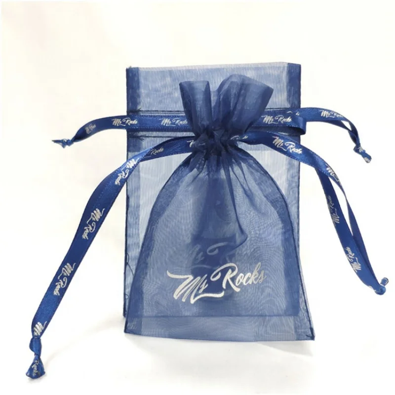 custom.Custom Navy Blue Organza Nail Packaging Pouch With Silver