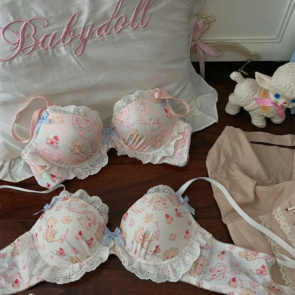 الدب الصغير الحلوى المرقعة لطيف الحلو الصدرية اليابانية لوليتا الدانتيل Underwire الصدرية فتاة الملابس الداخلية جمع مجموعة الملابس الداخلية