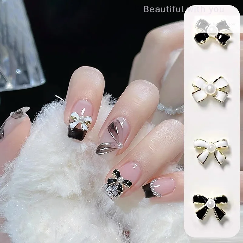 Black/White French Bow Nail Charms DIY Pearl Alloy Nails Jewelry 3D Elegant Bowtie Metal Manicure Decoration