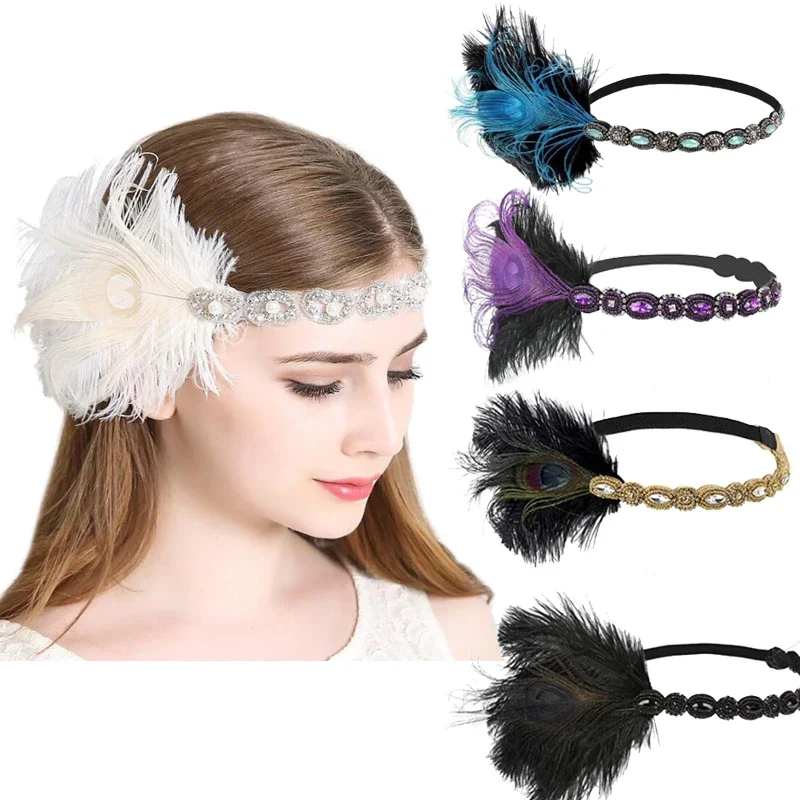 1920S Feather Headbands Beaded Jewels Elastic Band Peacock Roaring Twentie Costume Props Party Headpiece For Flapper Drecration