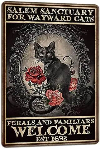 Sanctuary For Wayward Cats Halloween Black Cat Halloween Decor Cat Lover Metal Signs Vintage Poster Home Bedroom Wall Art