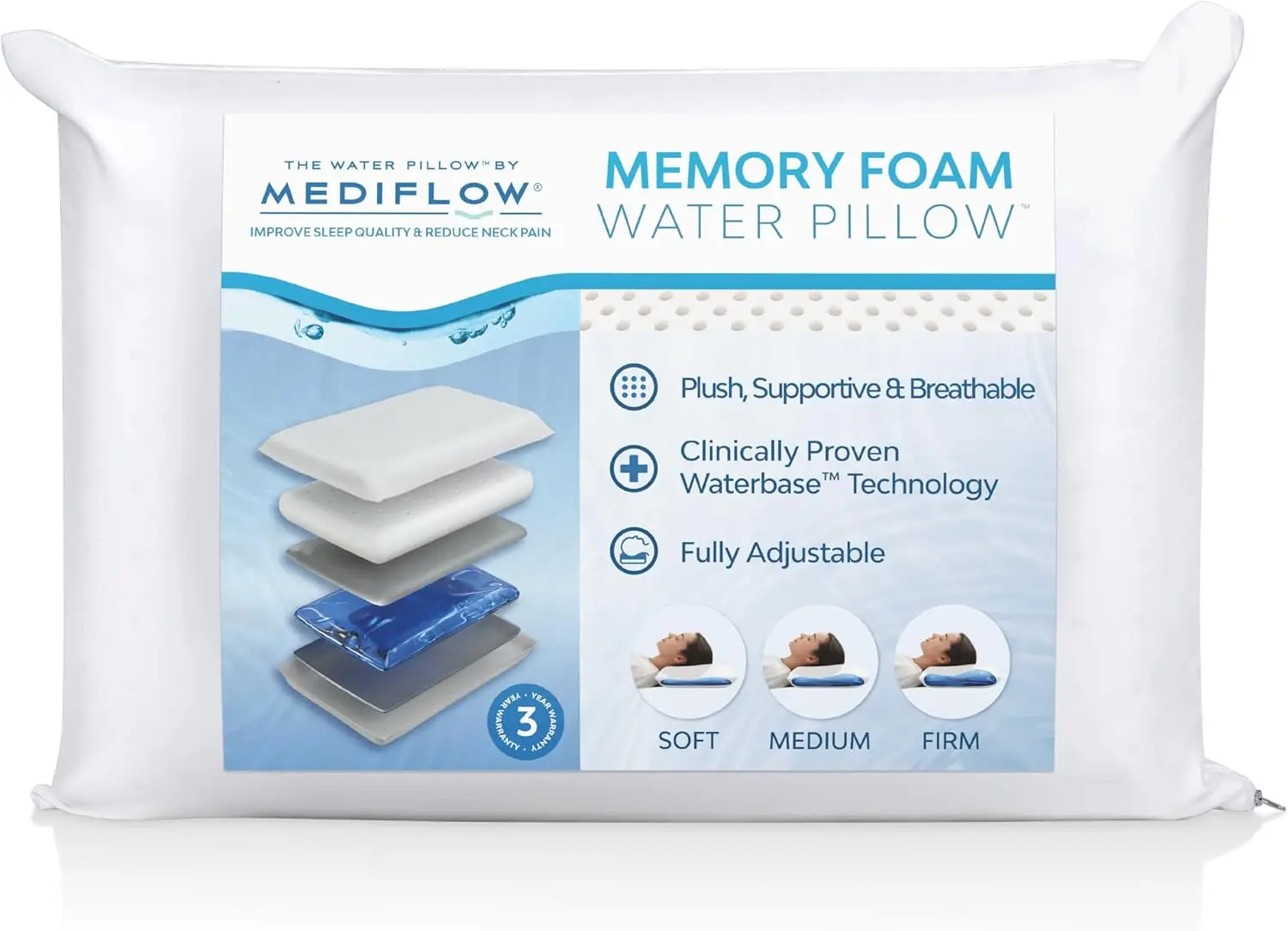 

Adjustable Water Pillow with Memory Foam for Neck Pain Relief and Deep Sleep, Suitable for All Sleeping Positions