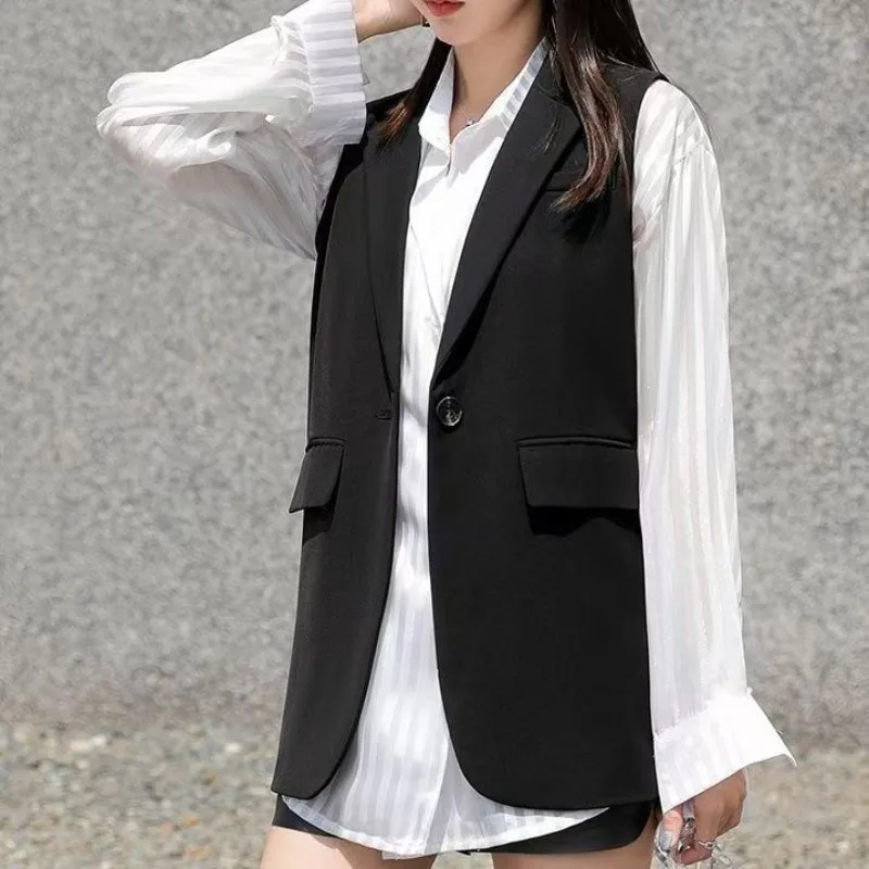 Women's Short Black Coat College Suit Vest Outerwear Design Spring Autumn New Trendy Street Style Suit Sleeveless Jackets