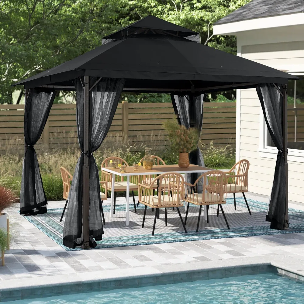 11x11 ft Stable Patio Gazebo with Netting Walls, Black