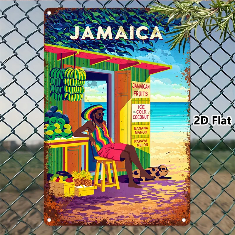 2D Flat, 1pc Jamaica Tropical Fruits Tinplate Painting Wall Art for Living Room Bedroom Hallway Kitchen Decoration Gift for Him
