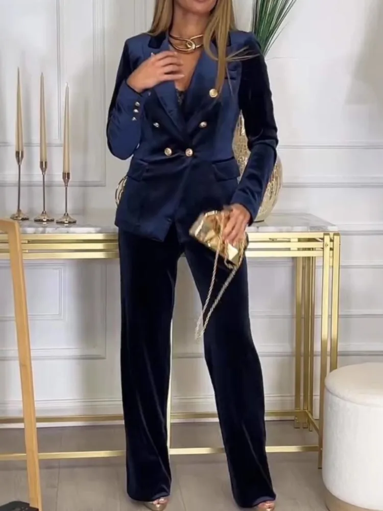 بدلة على الموضة معطف مجموعة للنساء أنيقة الصلبة طويلة الأكمام الخامس الرقبة القمم عالية الخصر بنطال ذو قصة أرجل واسعة 2 قطعة مجموعات سيدة مكتب الملابس