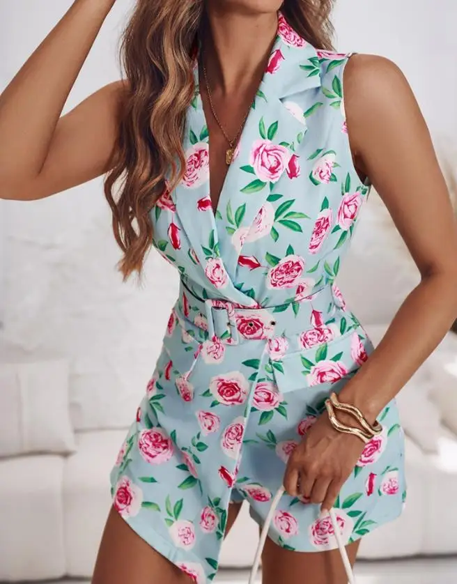 Women's Playsuits Floral Print Notched Collar Plunge V Neck Sleeveless Romer Woman Casual Slim Blazer Short Jumpsuit with Belt