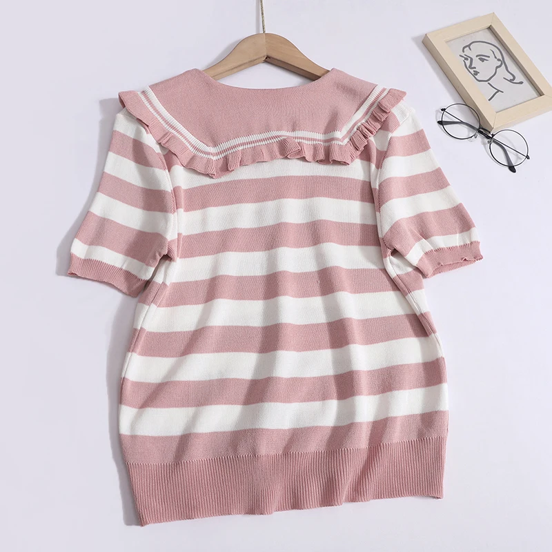 Women Summer Sweet Sailor Collar Tops Stripes Thin Short Sleeved Pullover Elastic Loose Casual T-shirt Spring Chic Knit Shirt