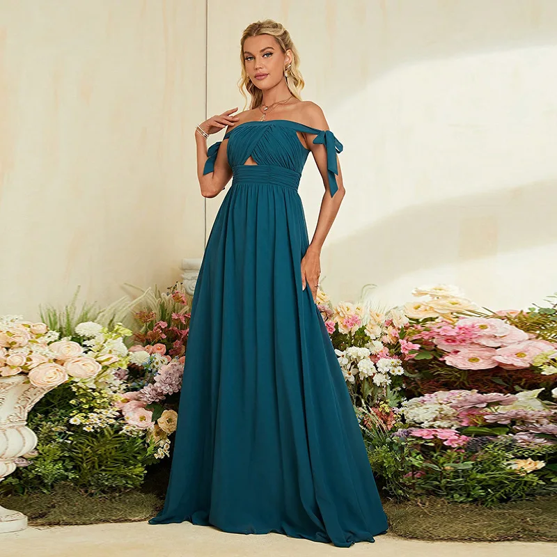 Summer Women's Elegant One Shoulder Waist Belt Bow Slimming Evening Dress Design Sense Niche Bridesmaid Dress Women Elegant
