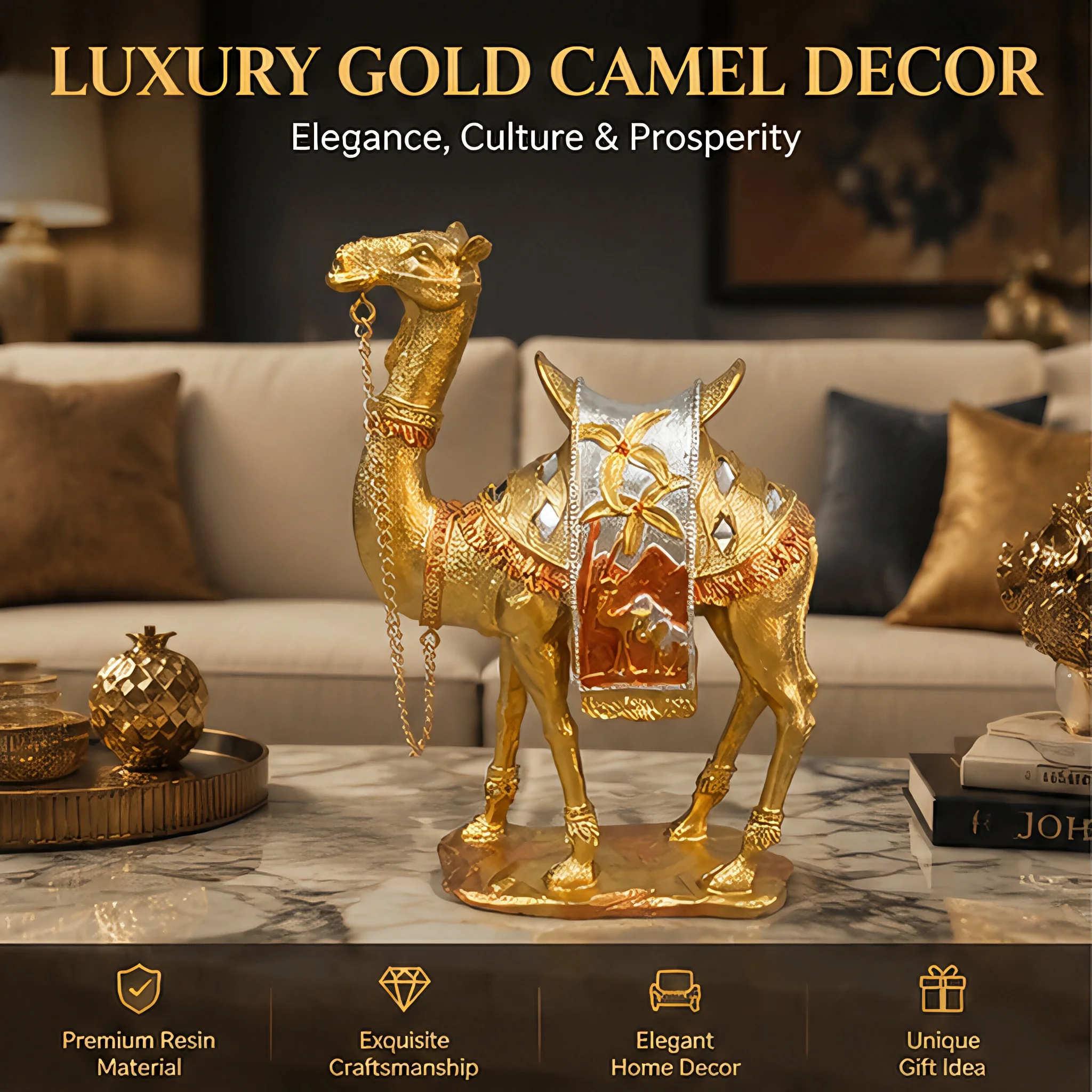 Luxury Golden Camel Statue Resin Figurine Arabian Camel Sculpture Home Decor Tabletop Decoration Living Room Office Gift