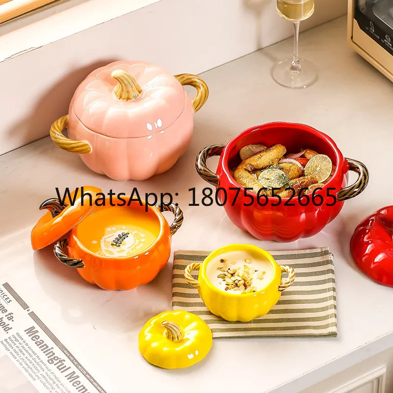 Household pumpkin ceramic baking soup cup soup noodle bowl stew cup with lid binaural soup bowl