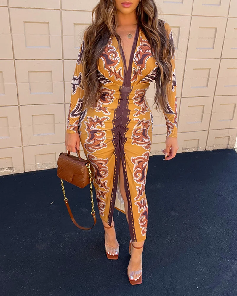 ドレス女性ヴィンテージ花柄ローカット V ネックウエストプリーツドレス女性のセクシーなスリムフィット長袖ドレス Y2K ボディコンドレス