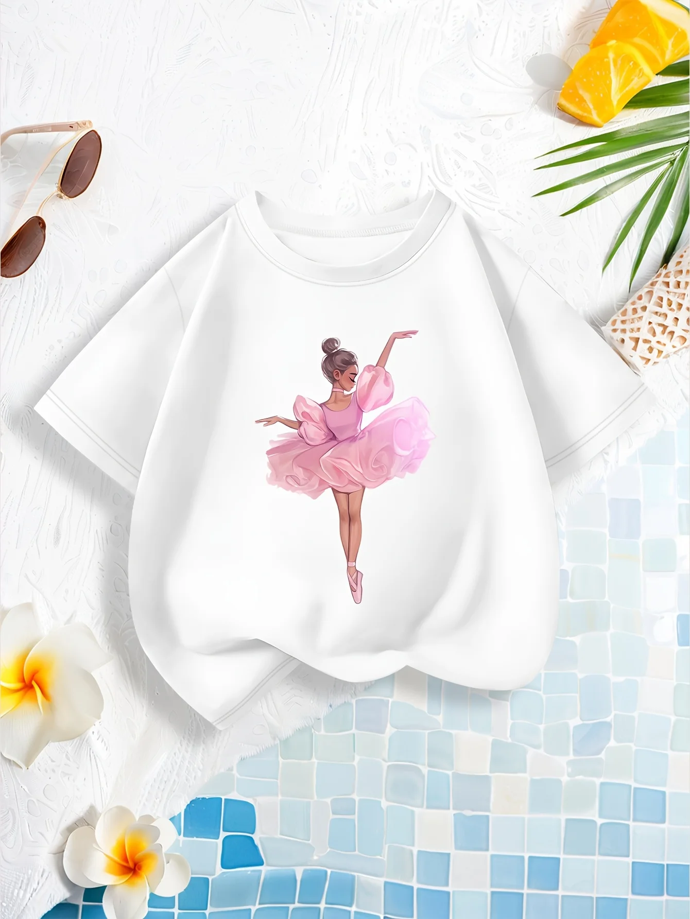 

Soft Stretchy Pink Girls' Summer T-Shirt with Ballet Dancer Print - Comfortable Round Neck Short Sleeve Tee for Youngsters