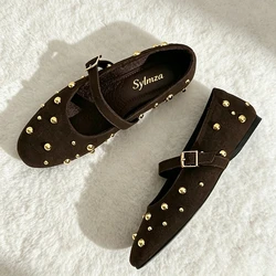 Cool Gold Rivets Design Ballet Flats Women Faux Suede Belt Metal Buckle Low Heel Women Shoes Non-slip Soft Sole Mary Jane Shoes