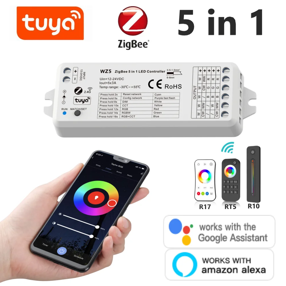 

TUYA Zigbee WZ5 Smart Led Controller DC12V 24V DIM RGB CCT RGBW RGBWW RGBCW Strip 2.4G RF Remote Google Plus Voice Control