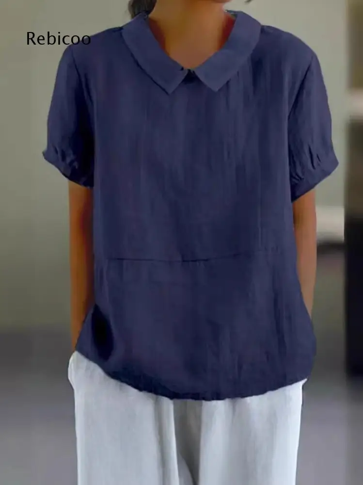 Short Sleeve Peter Pan Collar Blouse For Women Relaxed Silhouette With Side Pockets For Outdoor Activities And Leisure Occasions