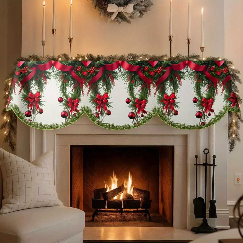 Christmas fireplace scarf, pine needle berry, bow pattern, holiday home decoration, party supplies