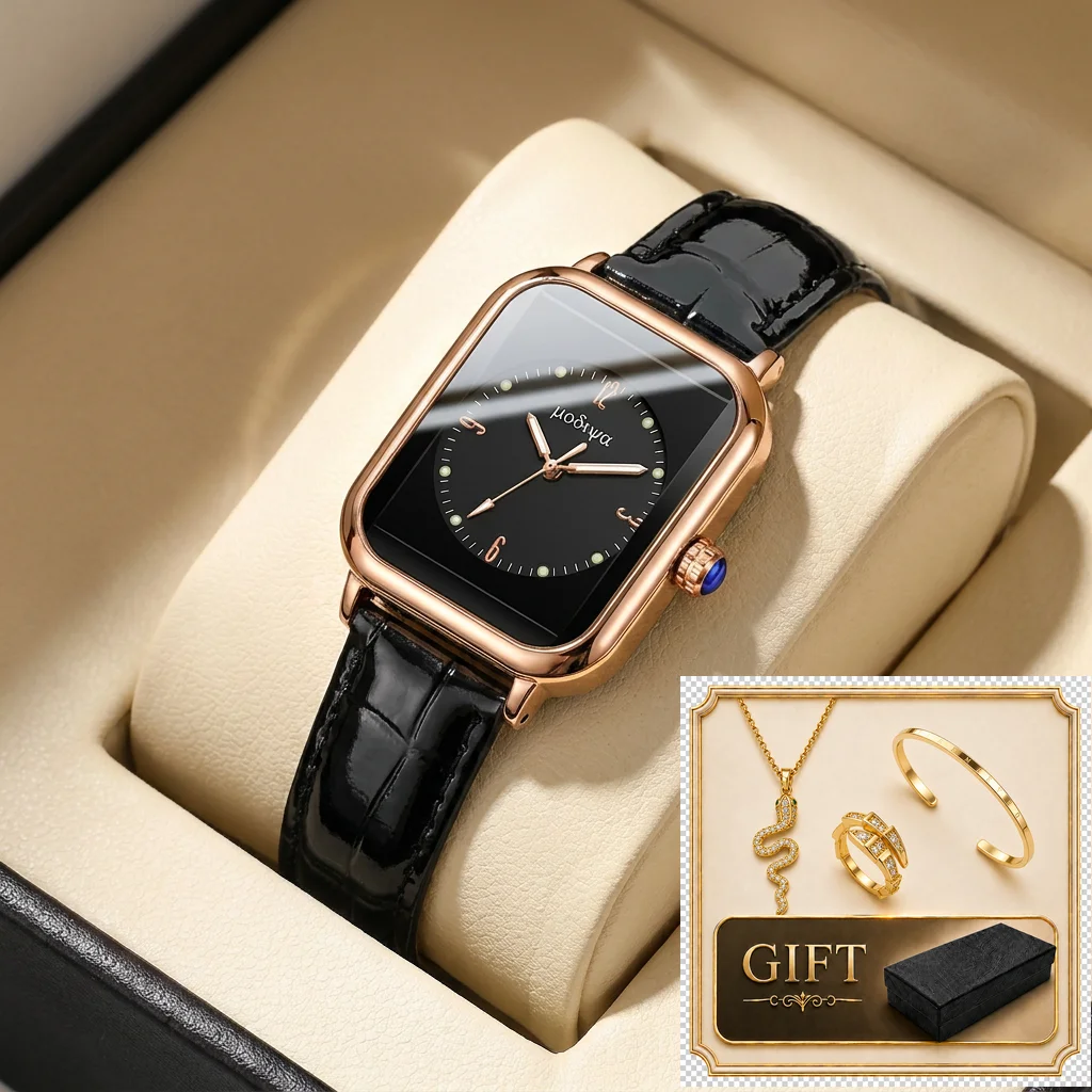 

4pcs gift box set Women's black dial leather strap fashion square case details Quartz Watch Gift Box Set for party holiday