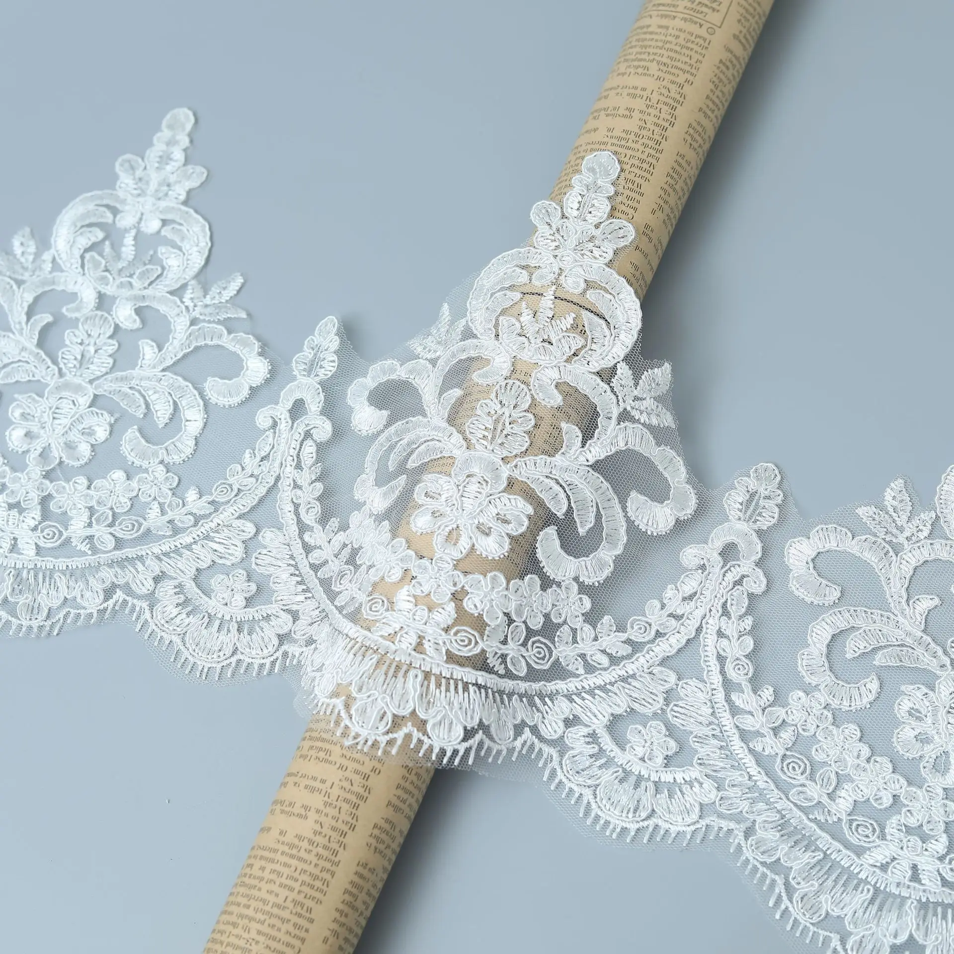 2 Yards 21cm wide Ivory  Cording Fabric Flower Venise Venice Mesh Lace Trim Applique Sewing Craft for Wedding Dec.