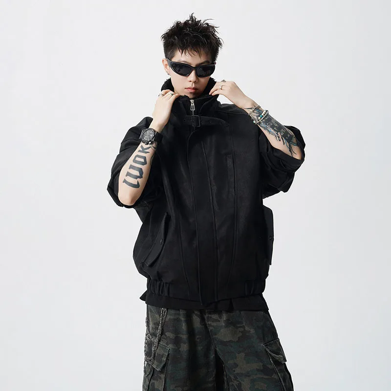 WTHT Fashion Men‘s Plush Spliced Thicken Design Loose Coats Trendy 2025 Autumn Solid Color Laple Casual Jackets Male 2A2218