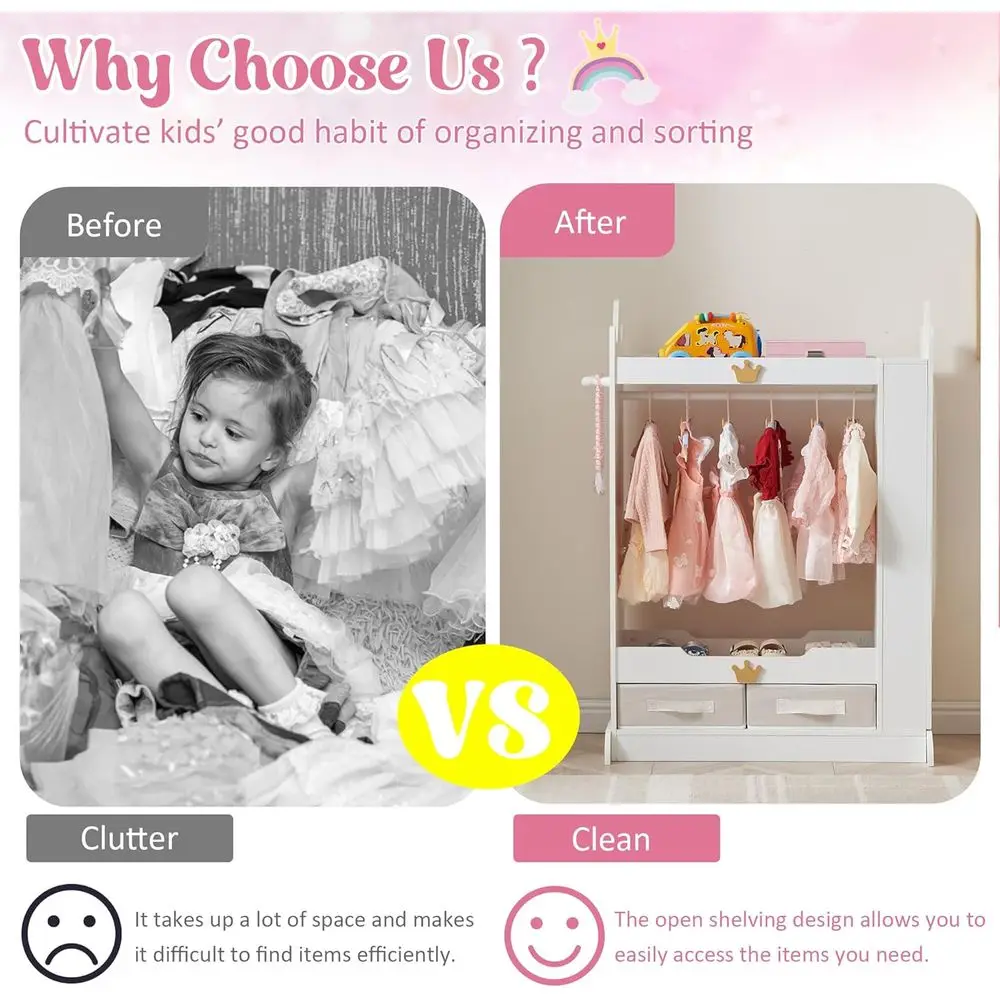 子供用鏡付きクローゼット、棚付き、女の子用プリンセスドレスアップラック、子供用衣類ラック、ベッド用ワードローブクローゼット