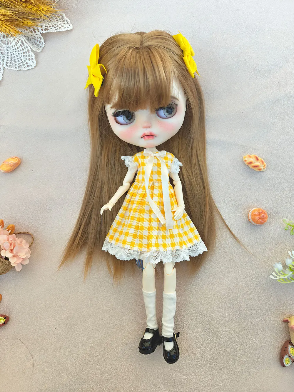 NEW Blythe Doll Clothes  blythe clothing  Classic  Lemon yellow plaid dress Handmade OB22 OB24 AZONE Accessories blythe clothes