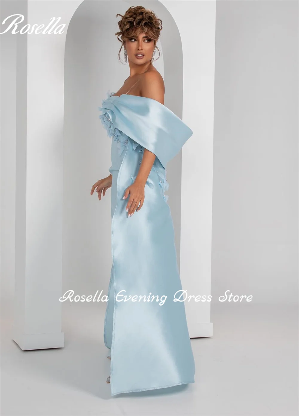 ROSELLA-vestido de fiesta de noche con flores 3D de cristal para mujer, sin hombros, con capa superior, largo hasta el té, 2023