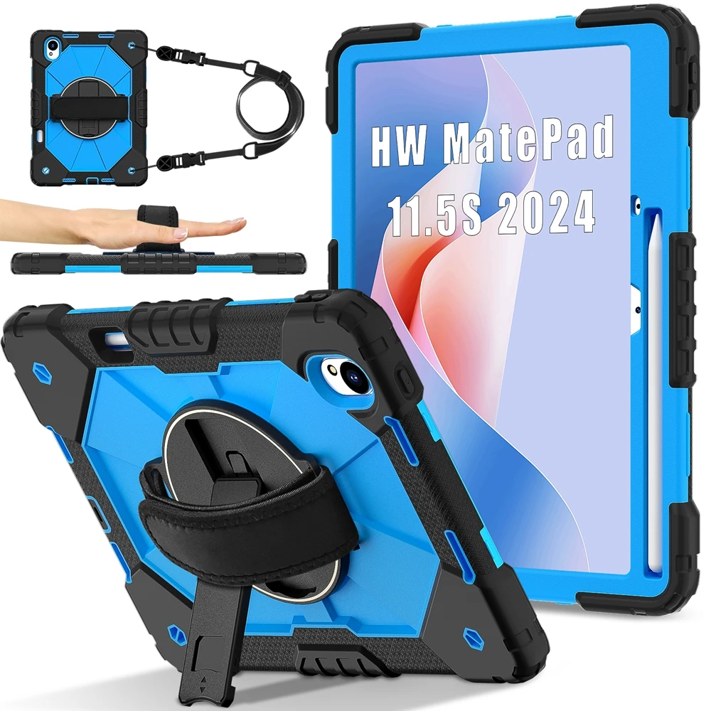 

For Huawei MatePad 11.5 S 2024 TGR-W09 TGR-W10 Case Kids Safe Silicon + PC Shoulder Strap Shockproof Stand Tablet Cover