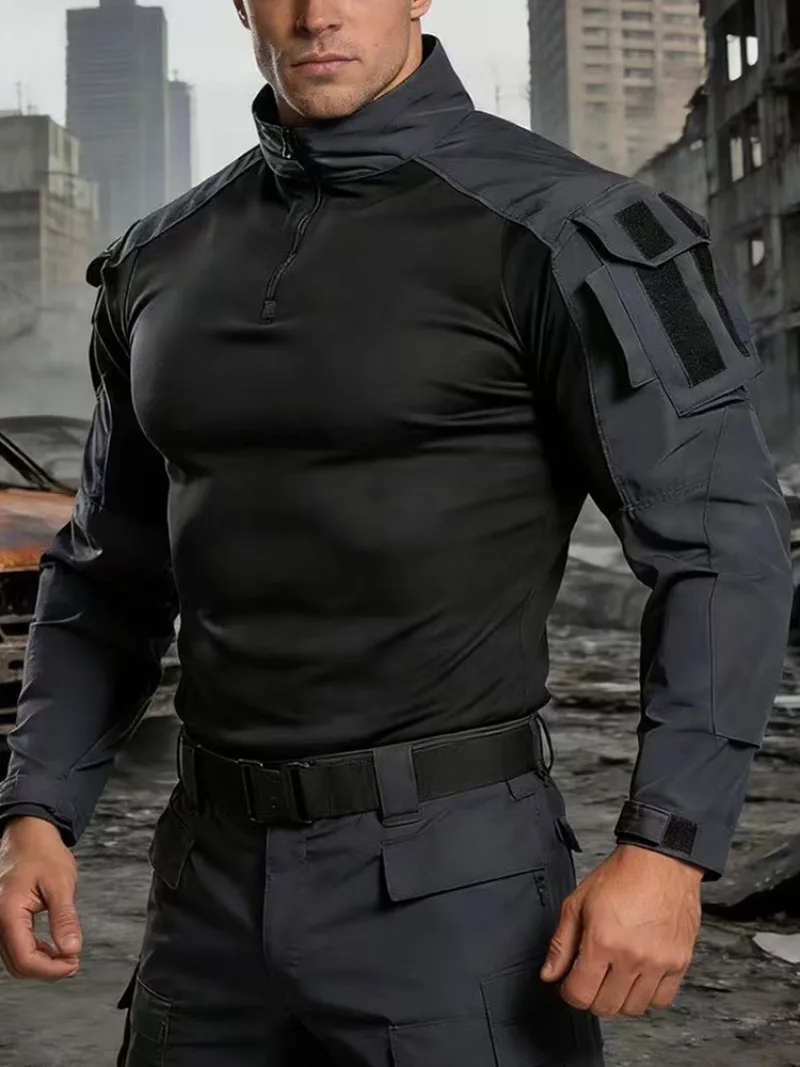 Men's Tactical Combat Shirt Quick Dry Military Long Sleeve Shirt with Arm Pockets for Outdoor Hiking Airsoft Hunting