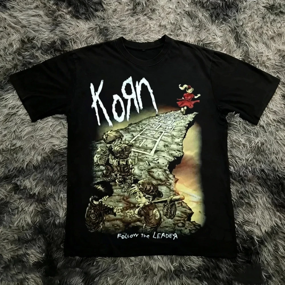 

Хлопковая футболка с принтом Korn Follow The Leader, двусторонняя футболка с металлическим принтом, мужские и женские футболки оверсайз для пар, топы
